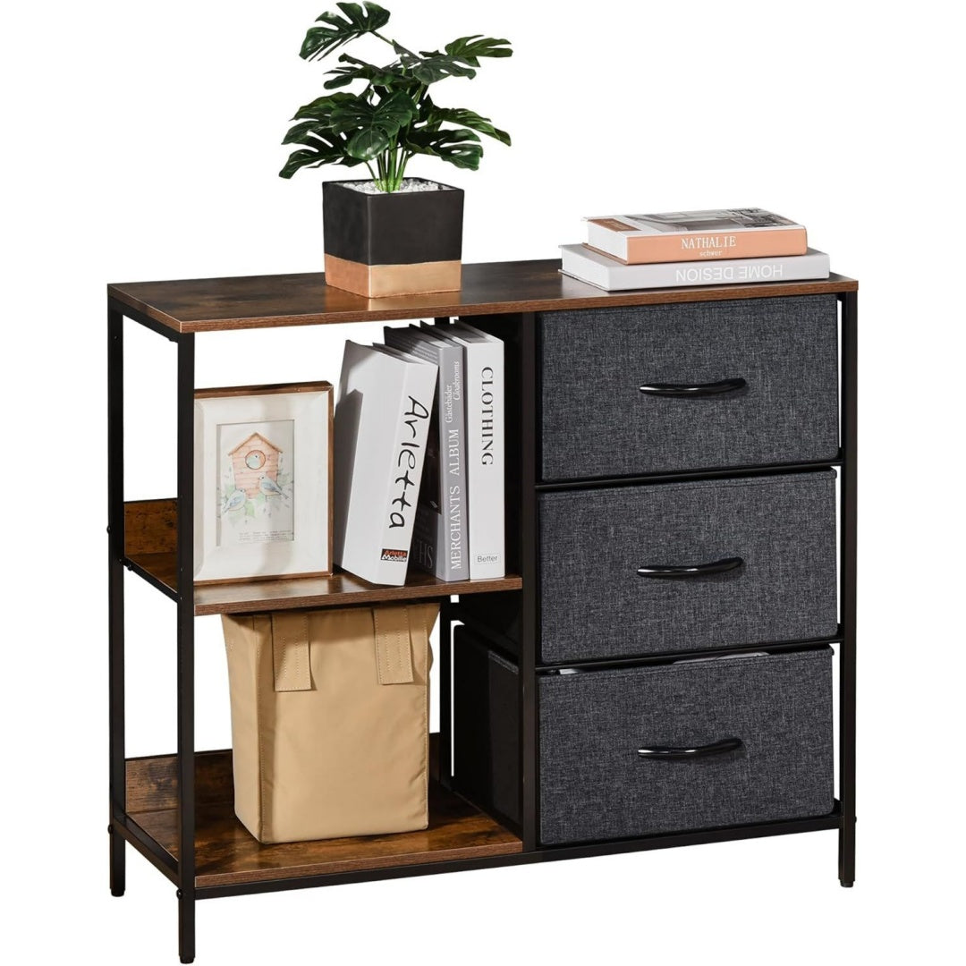 Style Rustique, chiffonnier gris fonce avec 3 tiroirs et 2 etageres