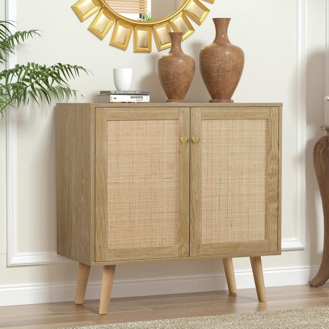 Vaisselier beige allure contemporaine, 80 x 35 x 79cm portes en rotin