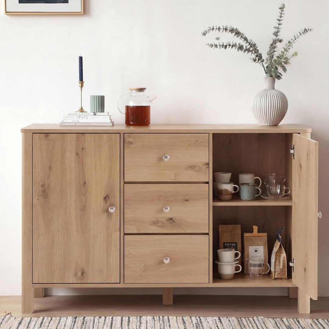 Meuble de rangement buffet beige, trois tiroirs, deux portes