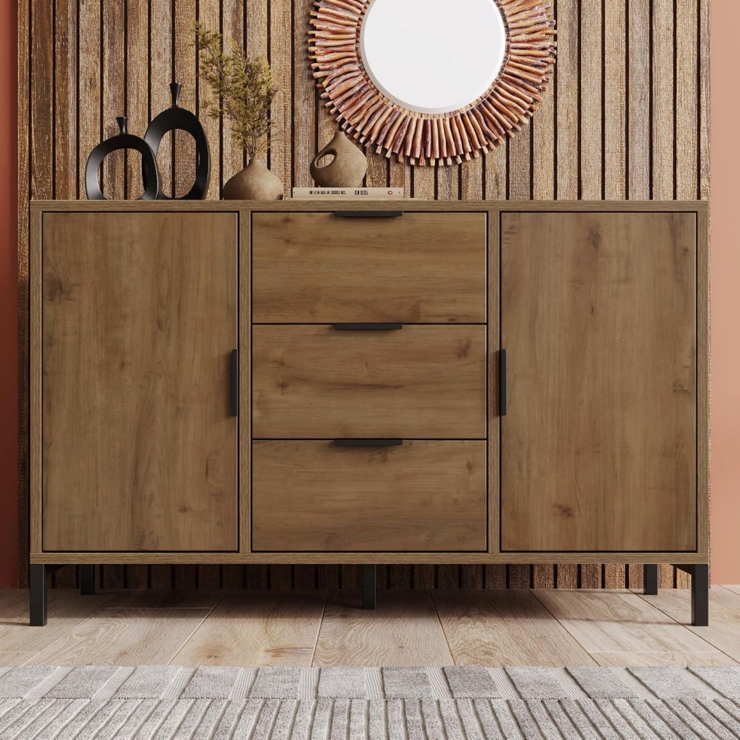 Buffet marron a 2 portes 3 tiroirs avec etageres reglables