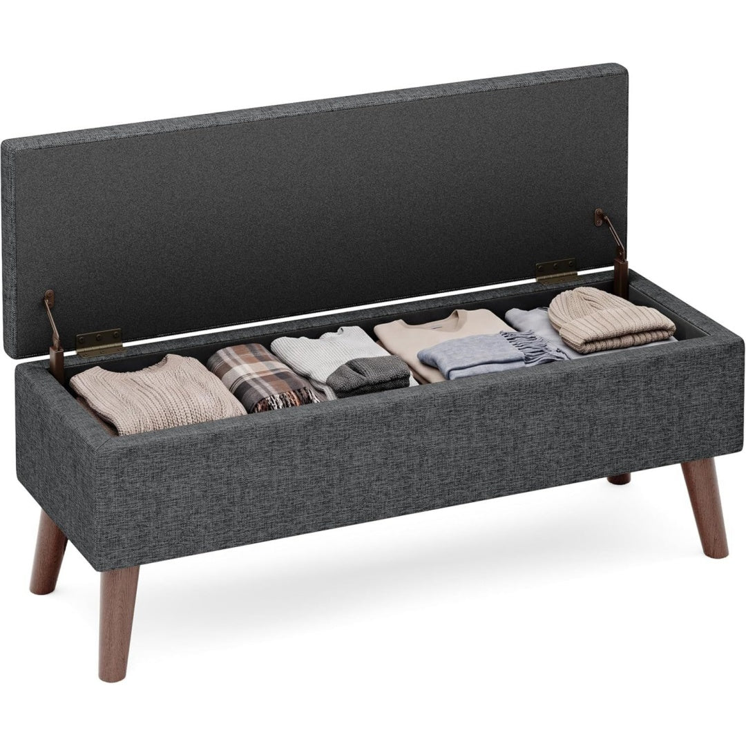 Banc de rangement gris fonce rembourre en tissu
