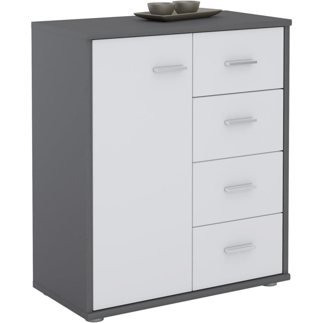 Commode gris avec 1 porte, 4 tiroirs et 1 etagere