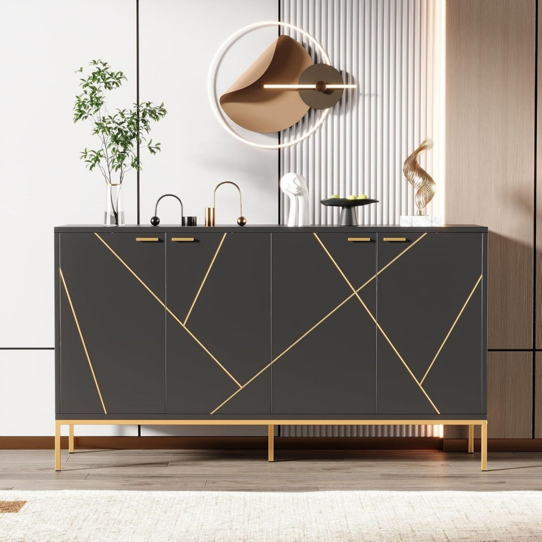 Buffet gris en panneau de particules, etageres+ 4 portes